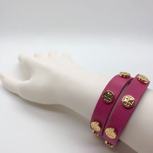 Tory Burch Bracelet Double Wrap Logo Pink Leather